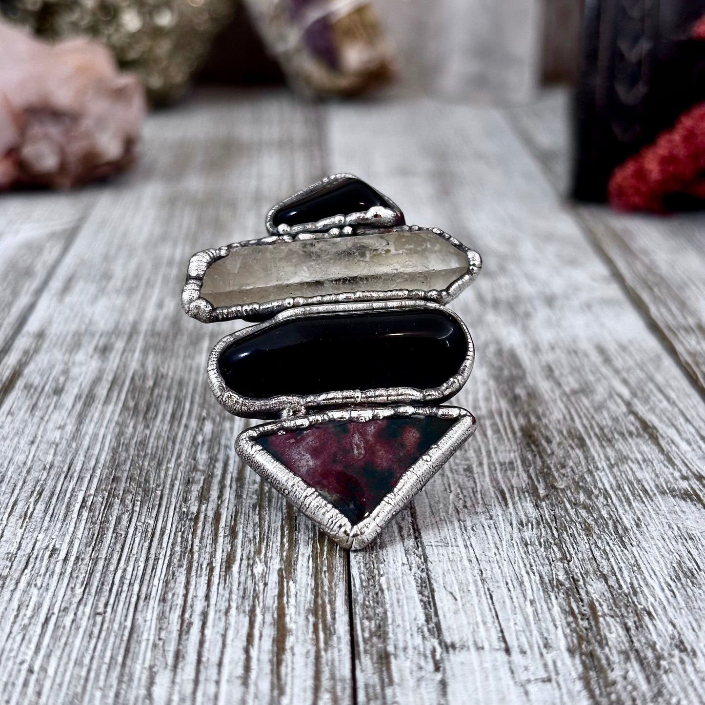 Multi Stone Black Obsidian Clear Quartz Bloodstone Ring In Silver Size 9 / Foxlark Collection