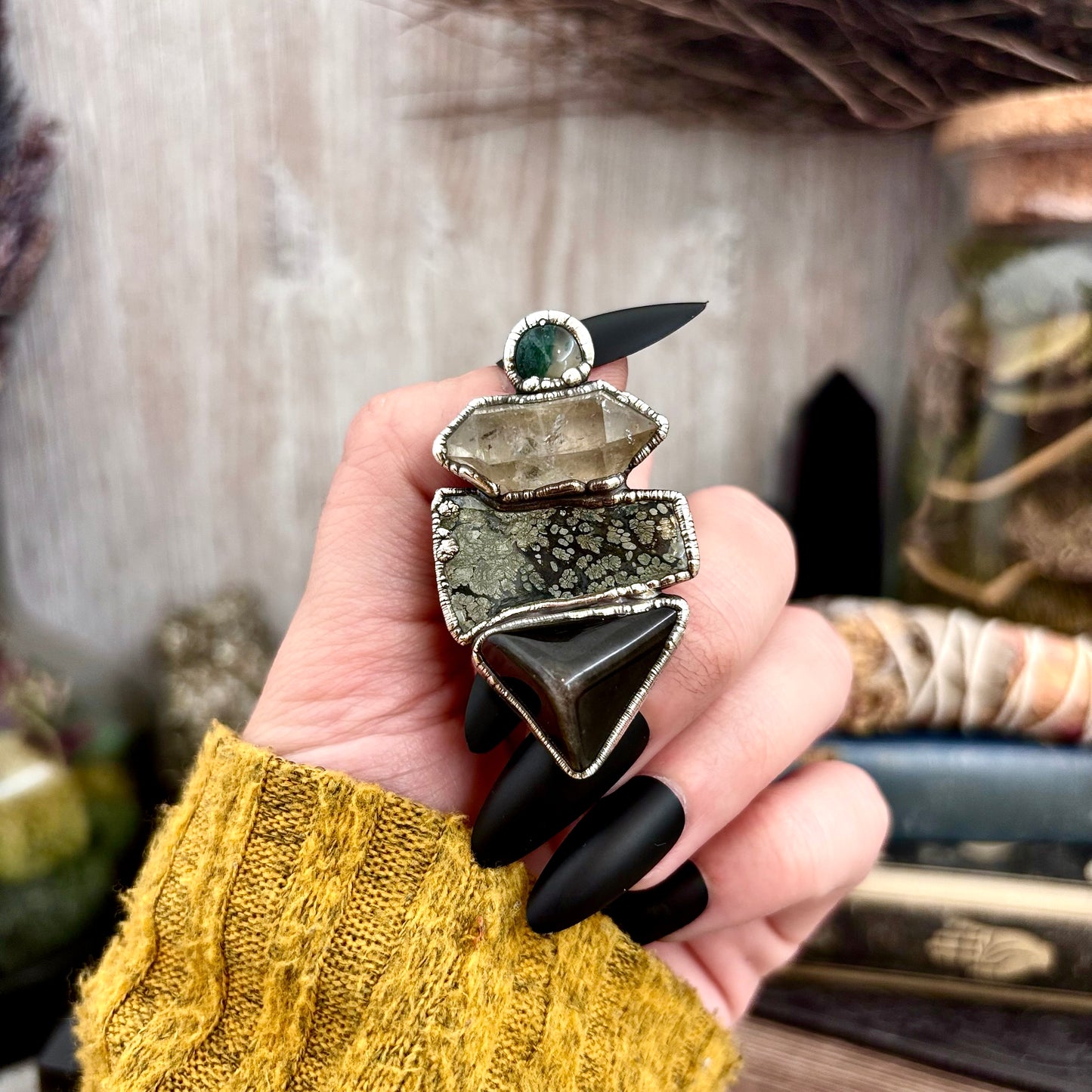 Multi Stone Obsidian Marcasite Clear Quartz Moss Agate Ring In Silver Size 8 / Foxlark Collection