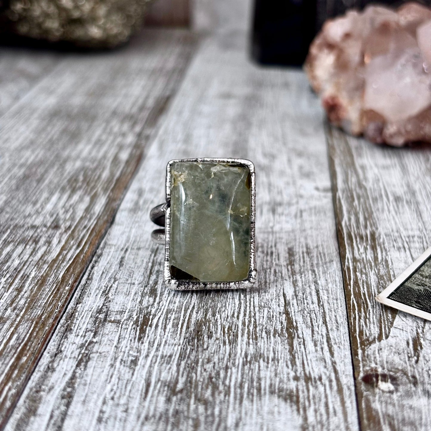 Green Prehnite Ring Fine Silver Stone Ring Size 7.5 / Foxlark Collection- One of a Kind