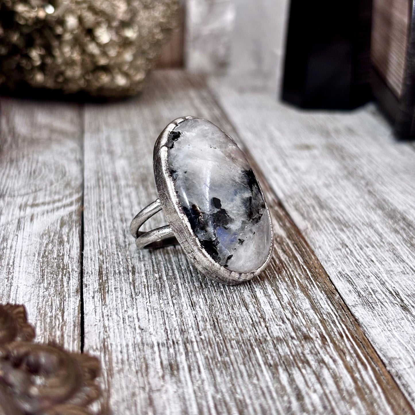 Rainbow Moonstone with Black Tourmaline Ring Silver Size 6 / Foxlark Collection
