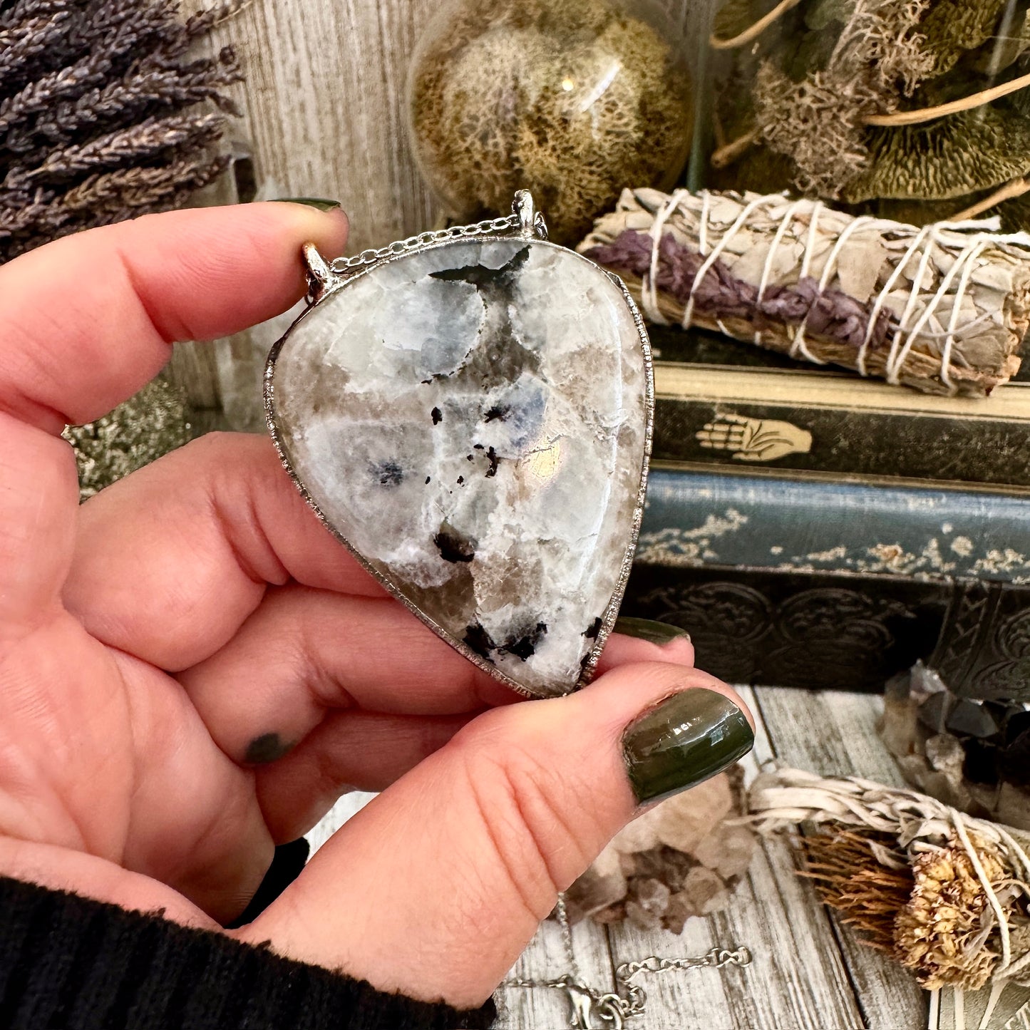 Big Rainbow Moonstone Necklace in Fine Silver / Foxlark Collection - One of a Kind