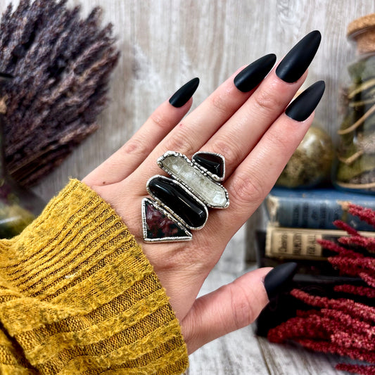 Multi Stone Black Obsidian Clear Quartz Bloodstone Ring In Silver Size 9 / Foxlark Collection