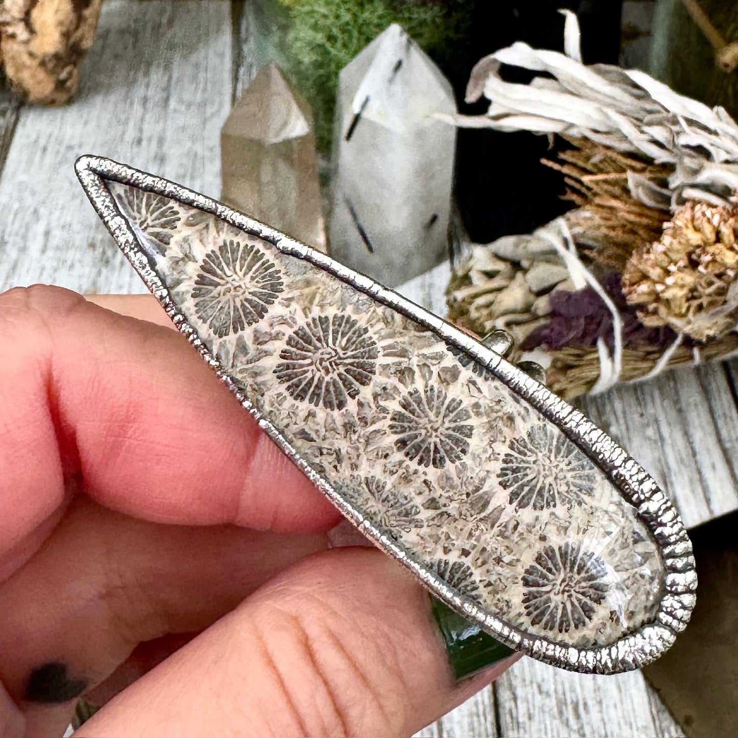 Big fossilized coral crystal ring by FOXLARK, fine silver band, size 9.5, featuring a unique fossilized coral crystal on a sleek silver ring.