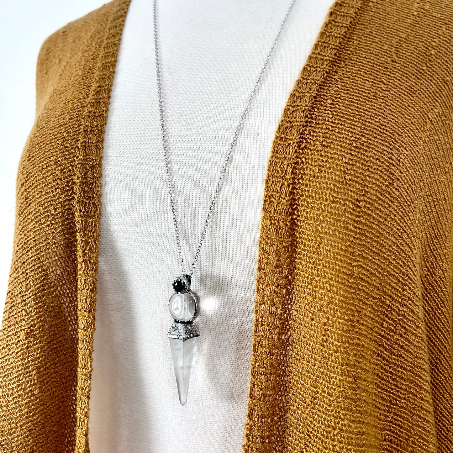 Clear Quartz Sphere Pendulum with Moss Agate Necklace Pendant in Fine Silver / Foxlark Collection