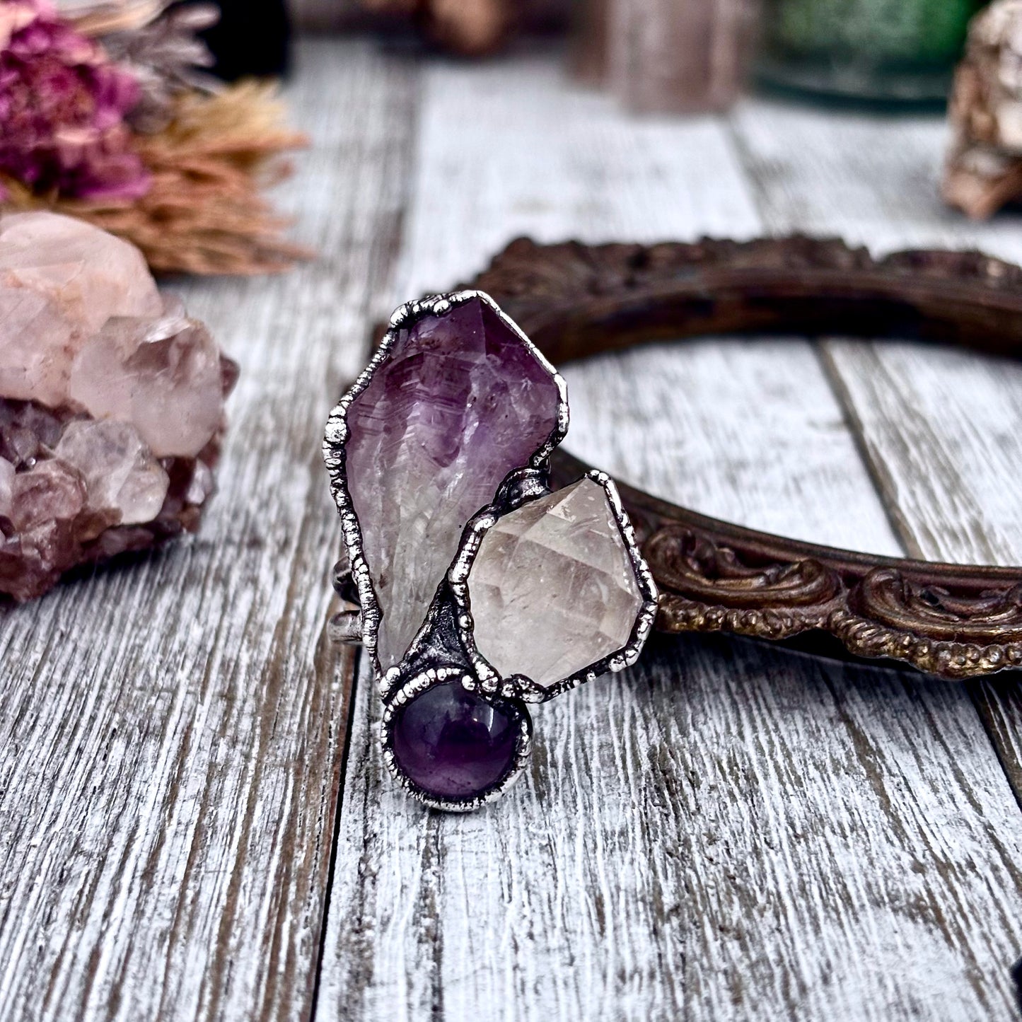 Three Stone Raw Amethyst Herkimer Diamond Ring In Silver Size 9 / Foxlark Collection