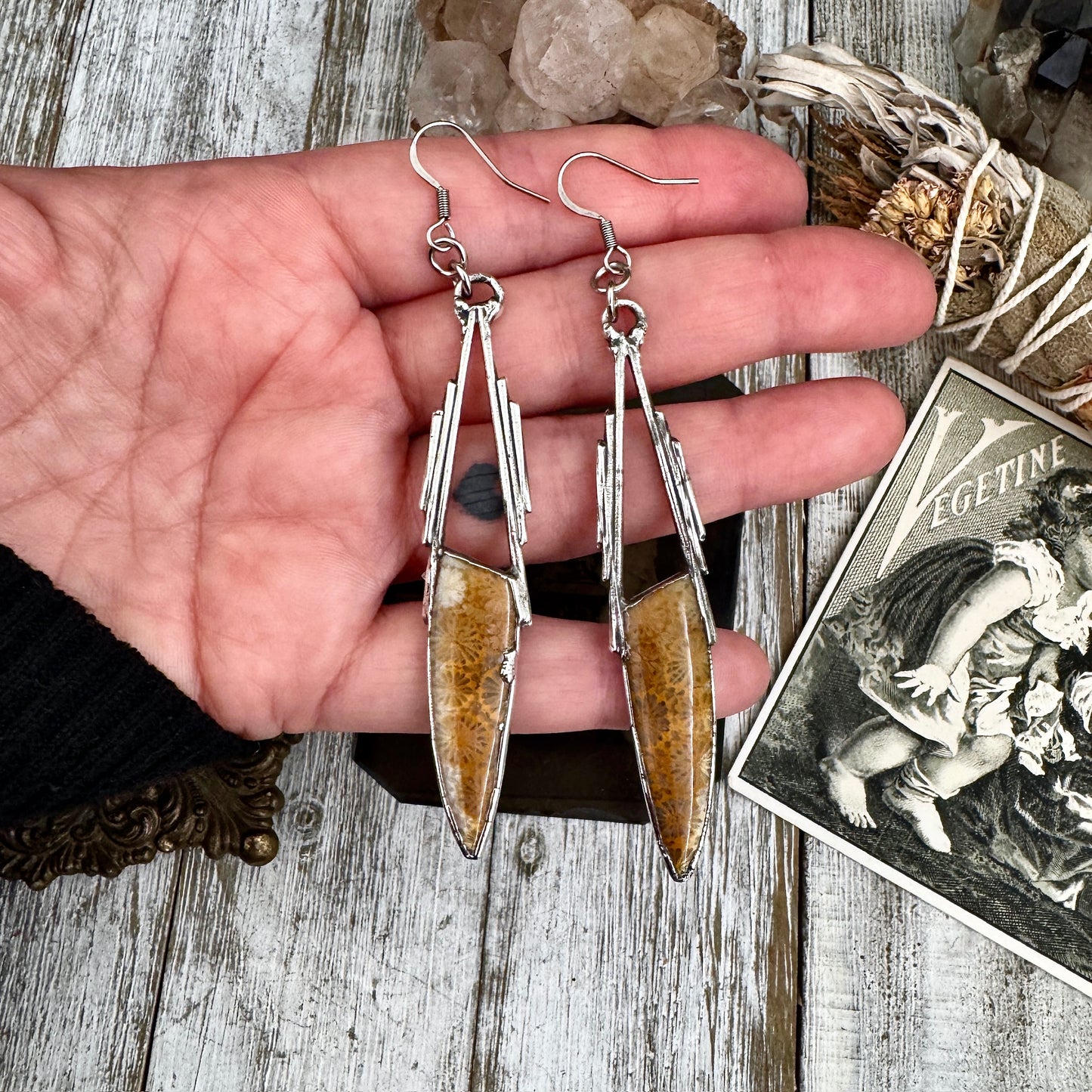 Fossilized Coral Fine Silver Crystal Earrings / Long Dangle Witchy Earrings