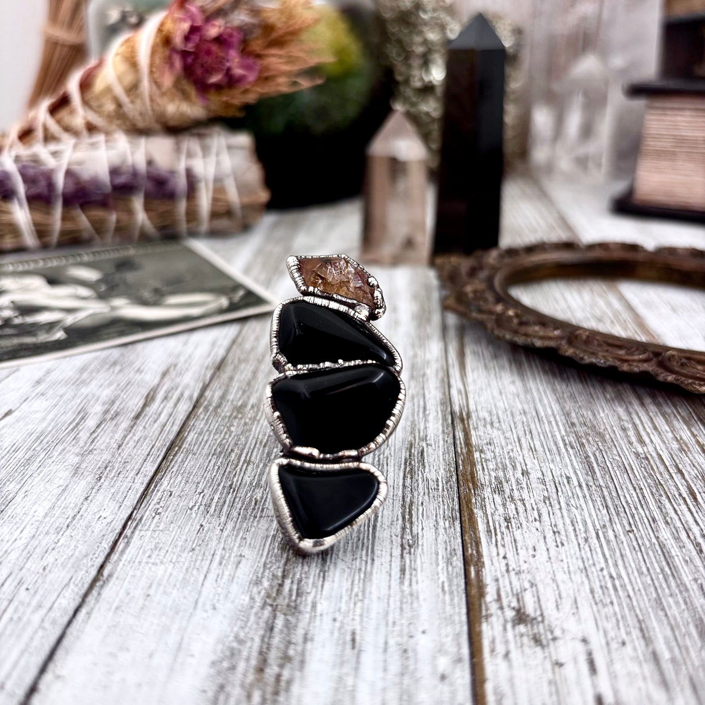 Multi Stone Black Obsidian Star Raw Citrine In Silver Size 7 / Foxlark Collection