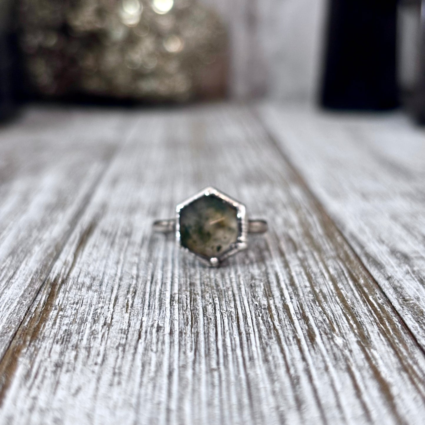 Moss Agate Ring Fine Silver Small Faceted Stone Ring Size 5 6 7 8 9 10 11 / Foxlark Collection