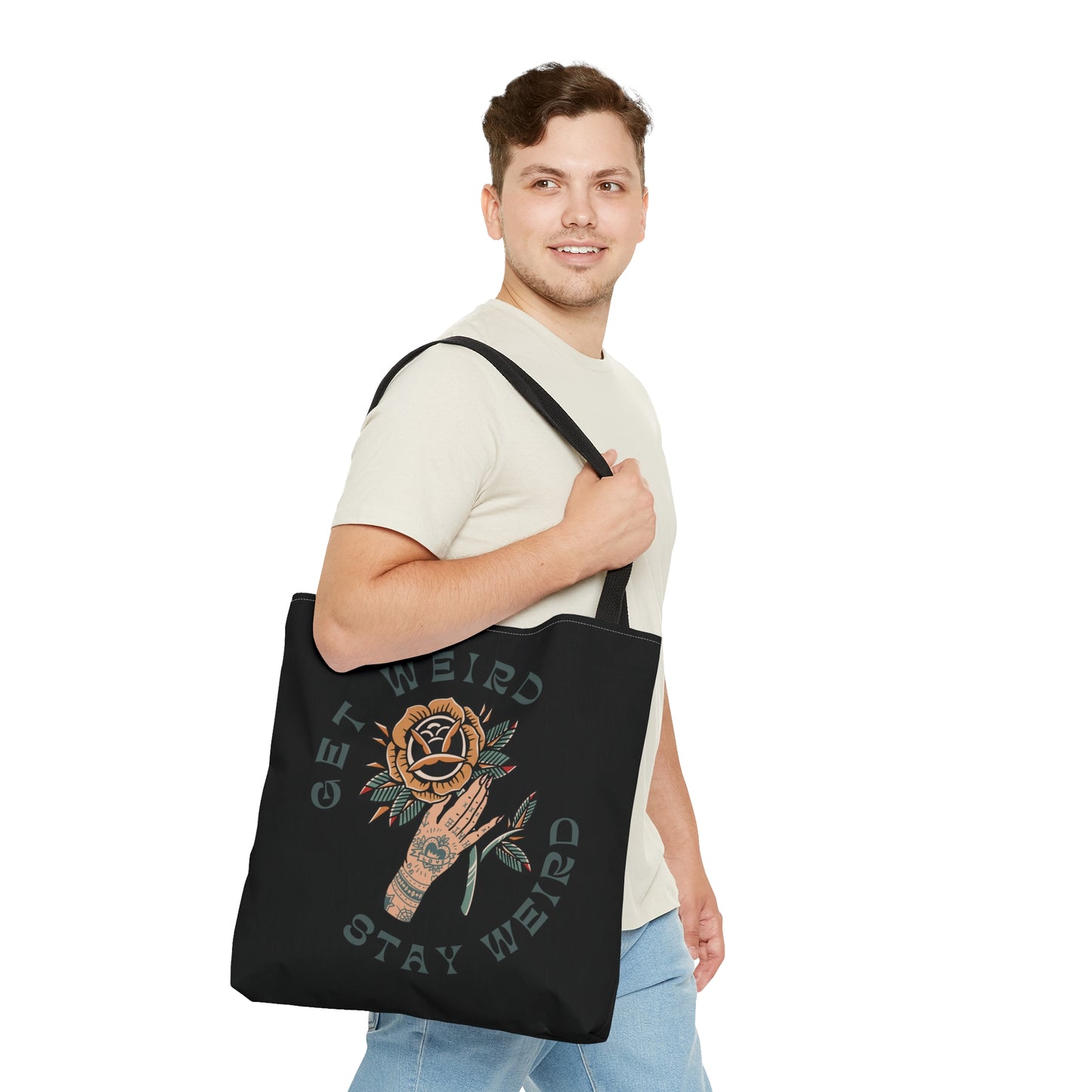 Get Weird Stay Weird Tattoo Tote Bag in Black / Vintage American Old School Traditional Tattoo Flash / Punk Rock Beach Shopping - Foxlark Crystal Jewelry