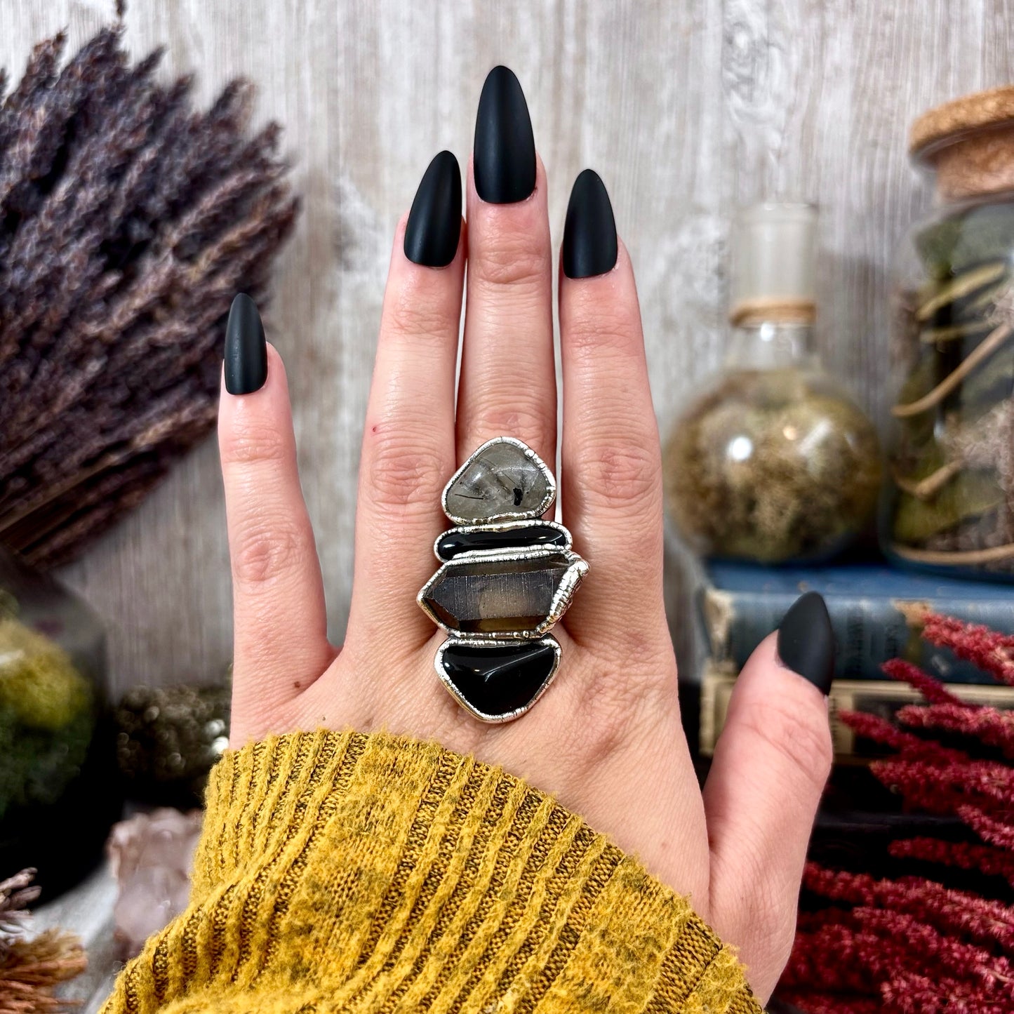 Multi Stone Obsidian Smoky Quartz Tourmaline Quartz Ring In Silver Size 9.5 / Foxlark Collection