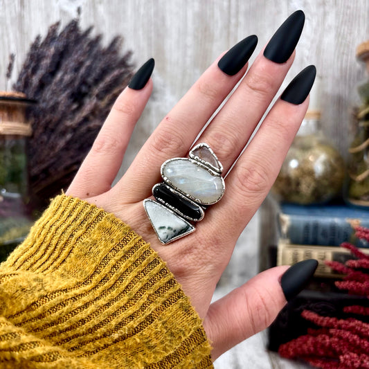 Multi Stone Peach Moonstone Rainbow Moonstone Obsidian Moss Agate Quartz Ring In Silver Size 10 / Foxlark Collection