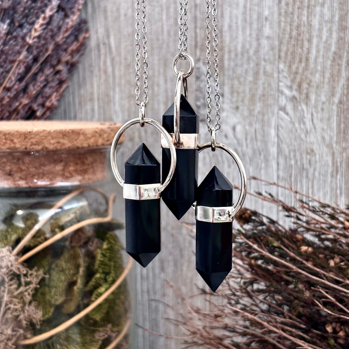 Black Onyx Crystal Point Necklace in Sterling Silver -Designed by FOXLARK Collection / Witchy Necklace Goth Jewelry