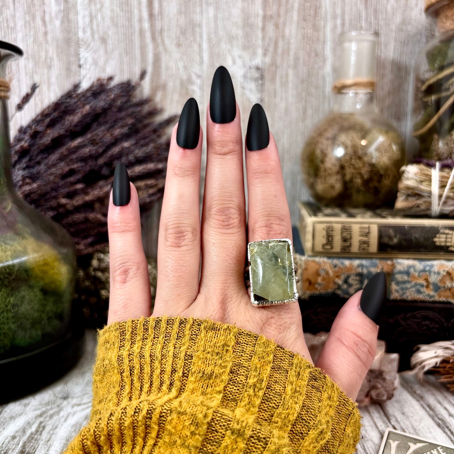 Green Prehnite Ring Fine Silver Stone Ring Size 7.5 / Foxlark Collection- One of a Kind