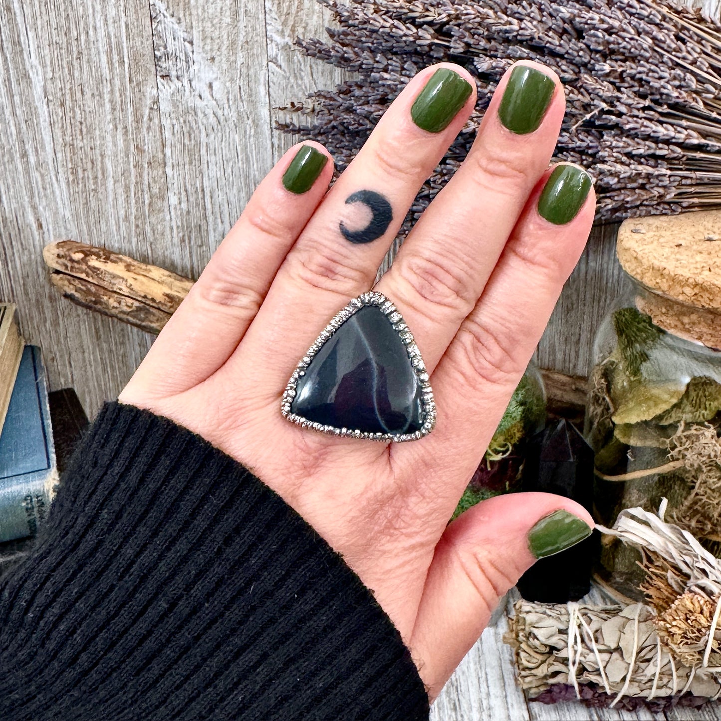 Spiderweb Obsidian Crystal Ring Fine Silver Size 8.5 / Foxlark Collection - One of a Kind