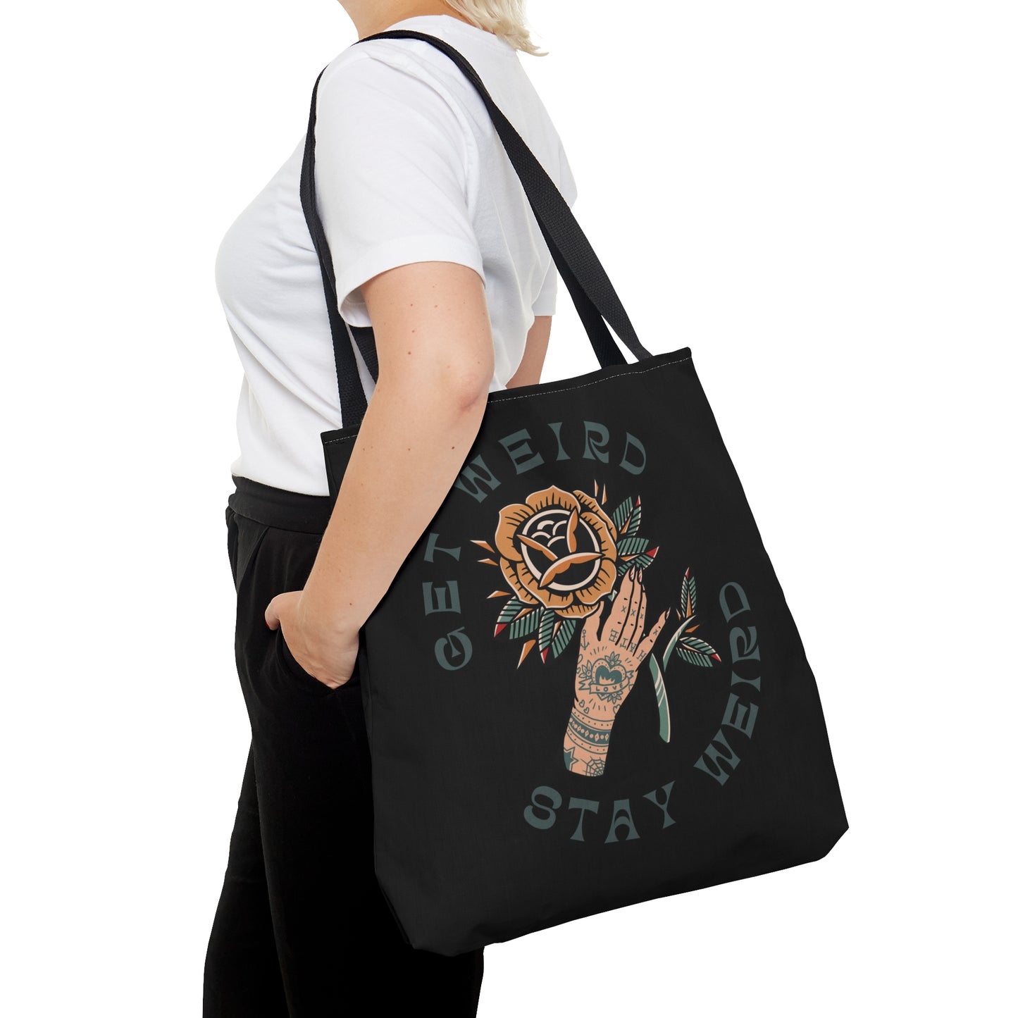 Get Weird Stay Weird Tattoo Tote Bag in Black / Vintage American Old School Traditional Tattoo Flash / Punk Rock Beach Shopping - Foxlark Crystal Jewelry
