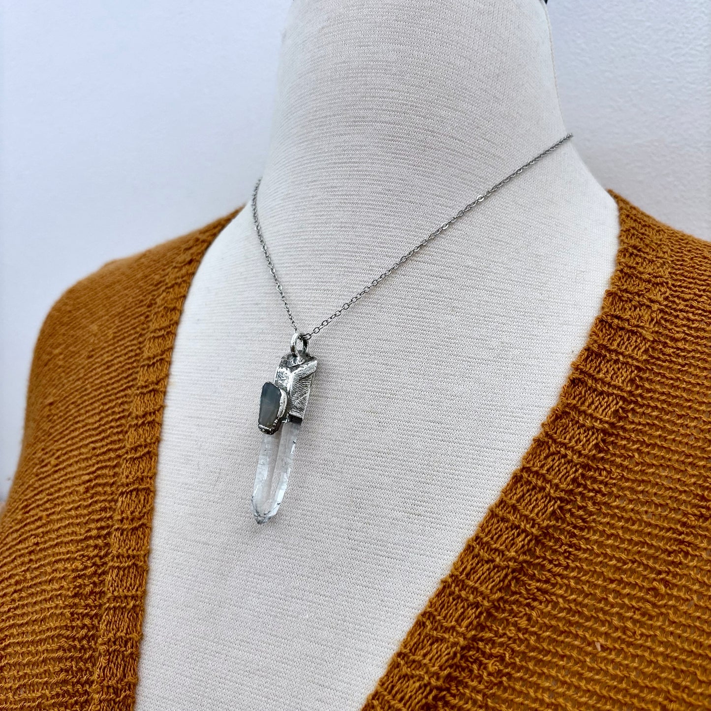 Clear Quartz & Peach Moonstone Crystal Statement Necklace in Fine Silver / Foxlark Collection - One of a Kind