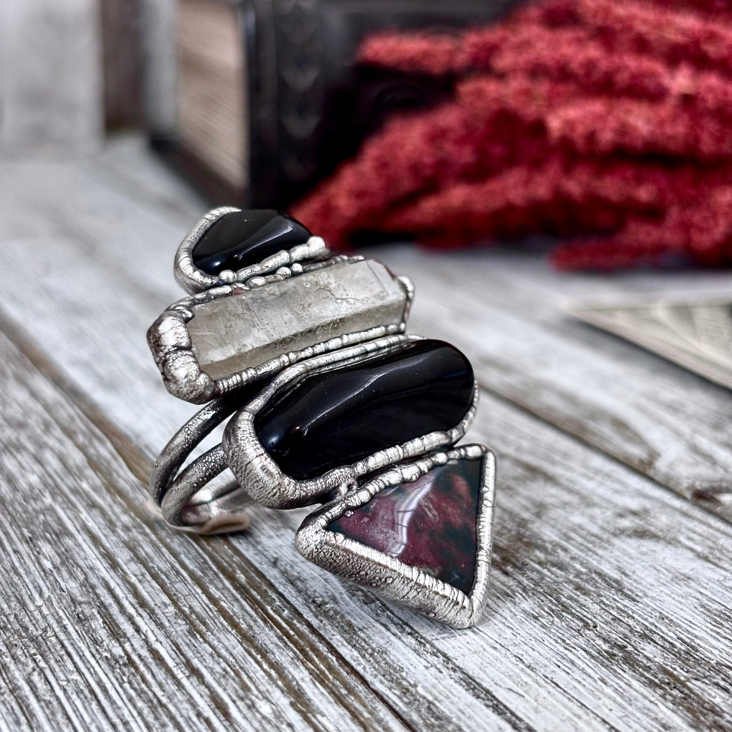 Multi Stone Black Obsidian Clear Quartz Bloodstone Ring In Silver Size 9 / Foxlark Collection