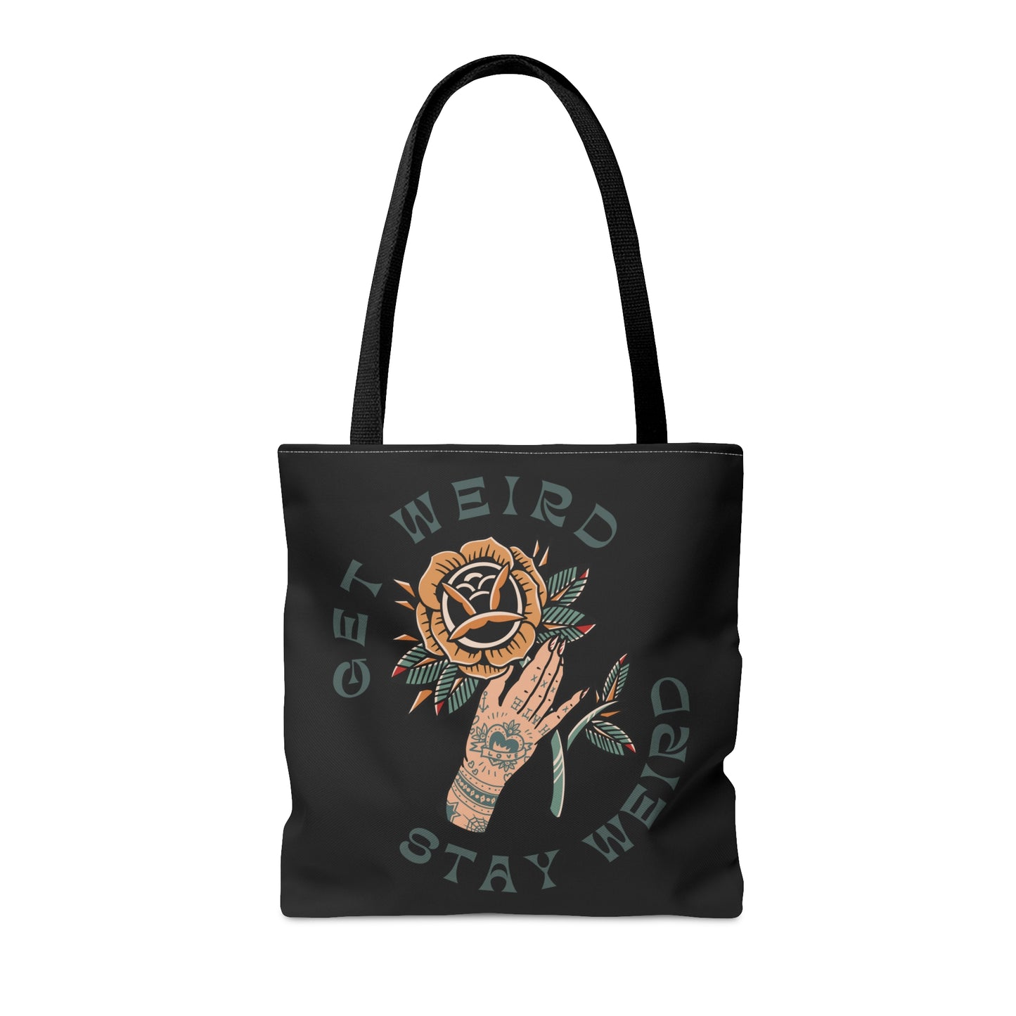 Get Weird Stay Weird Tattoo Tote Bag in Black / Vintage American Old School Traditional Tattoo Flash / Punk Rock Beach Shopping - Foxlark Crystal Jewelry