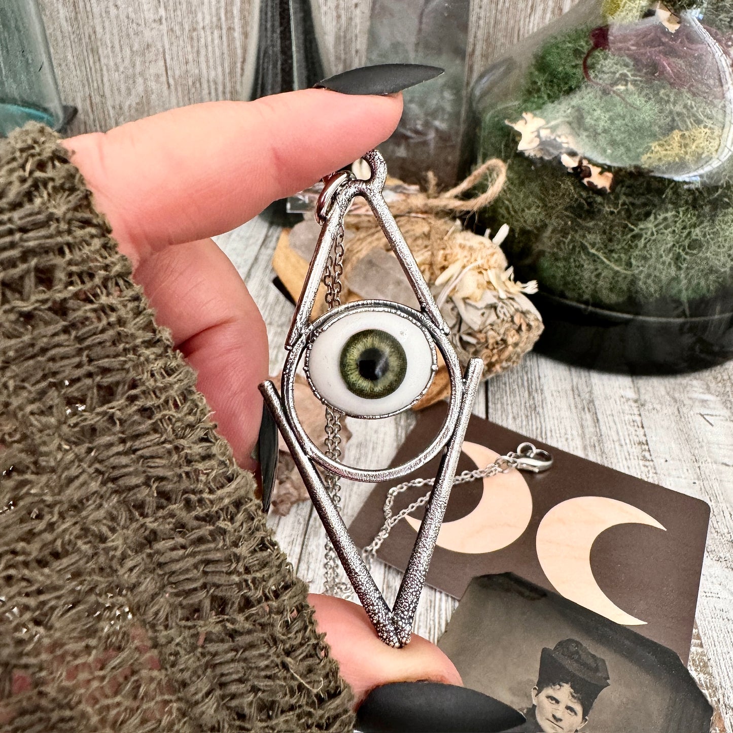 Moss & Moon Collection - Green Iris Glass Eye Necklace set Fine Silver /