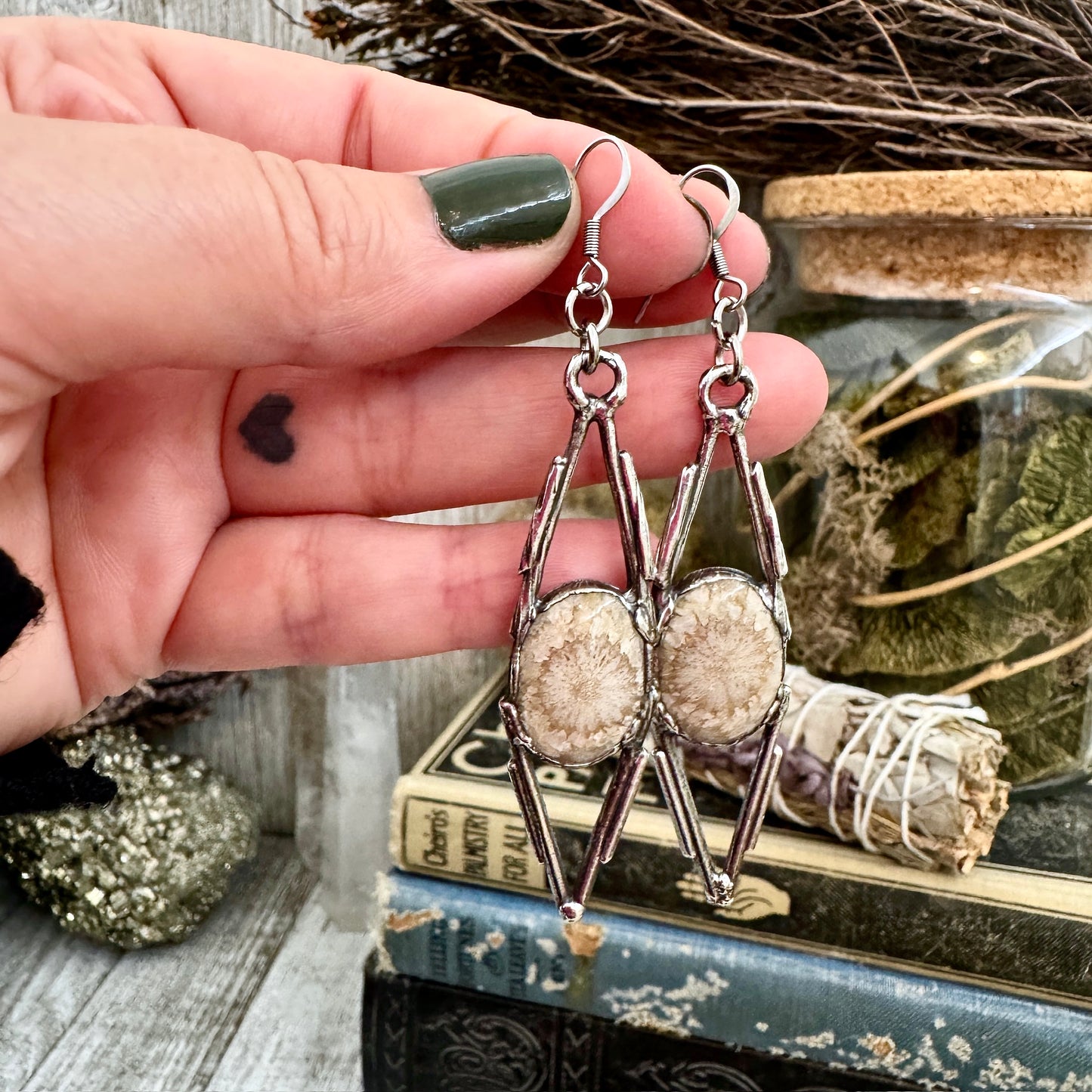 Fossilized Coral Fine Silver Crystal Earrings / Long Dangle Witchy Earrings