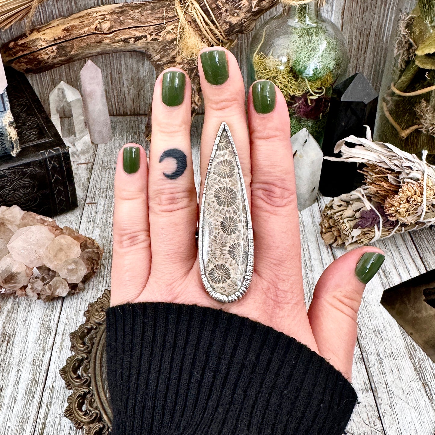 Big fossilized coral crystal ring in fine silver, size 9.5, from FOXLARK's one-of-a-kind fossilized coral collection.