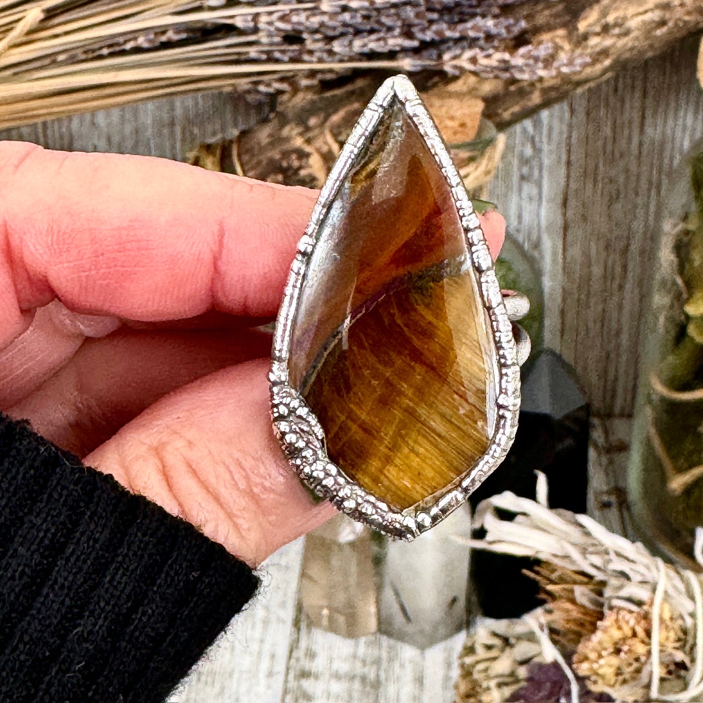 Tigers Eye Fine Silver Ring Size 10 / Foxlark Crystal Jewelry Collection