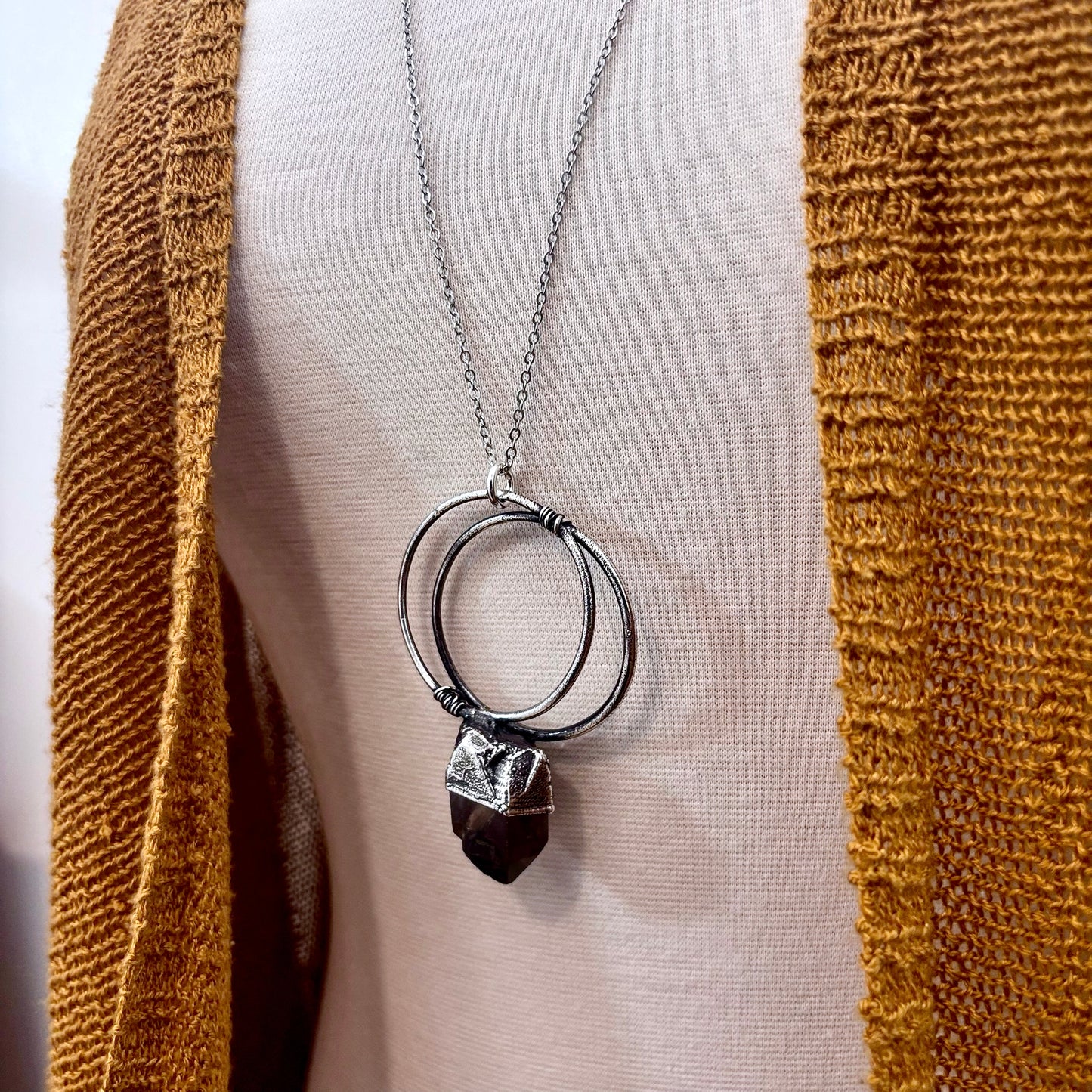 Raw smoky quartz crystal necklace by FOXLARK, featuring a unique smoky quartz pendant on a fine silver chain from the FOXLARK collection.