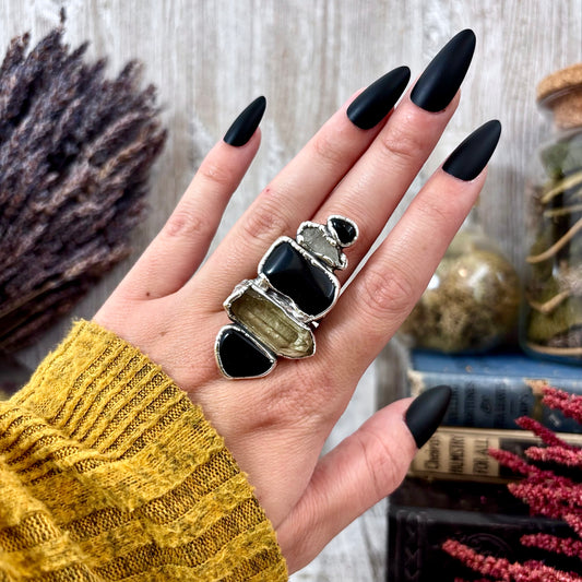 Multi Stone Obsidian Smoky Quartz Clear Quartz Ring In Silver Size 9 / Foxlark Collection
