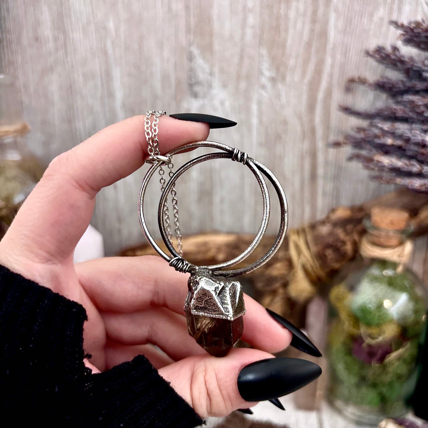 Raw smoky quartz crystal necklace in fine silver from FOXLARK collection, showcasing a unique, natural gemstone pendant.