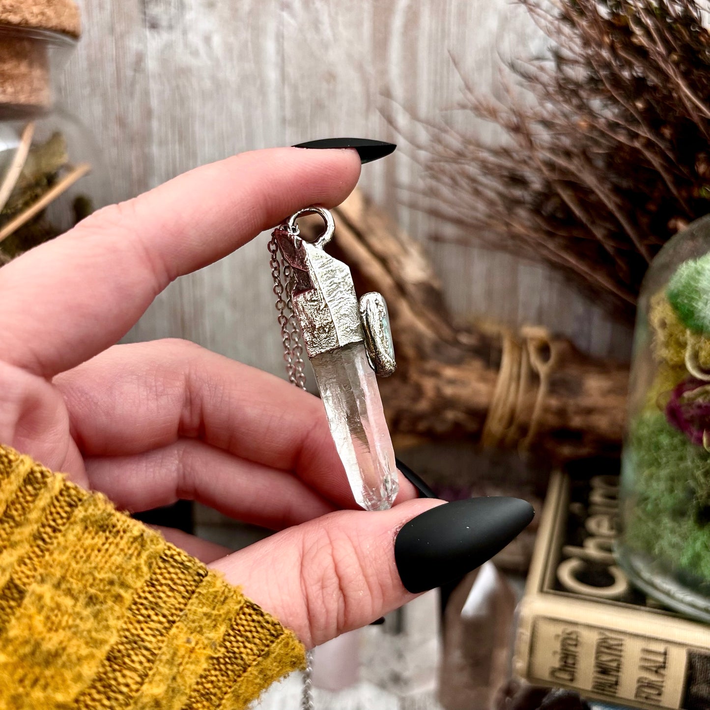 Clear Quartz & Peach Moonstone Crystal Statement Necklace in Fine Silver / Foxlark Collection - One of a Kind