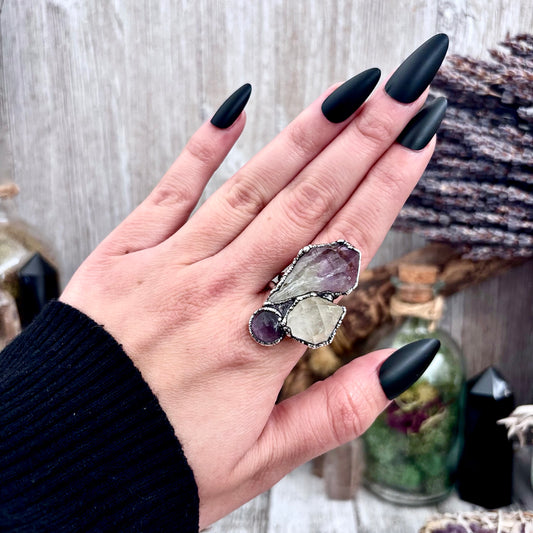 Three Stone Raw Amethyst Herkimer Diamond Ring In Silver Size 9 / Foxlark Collection