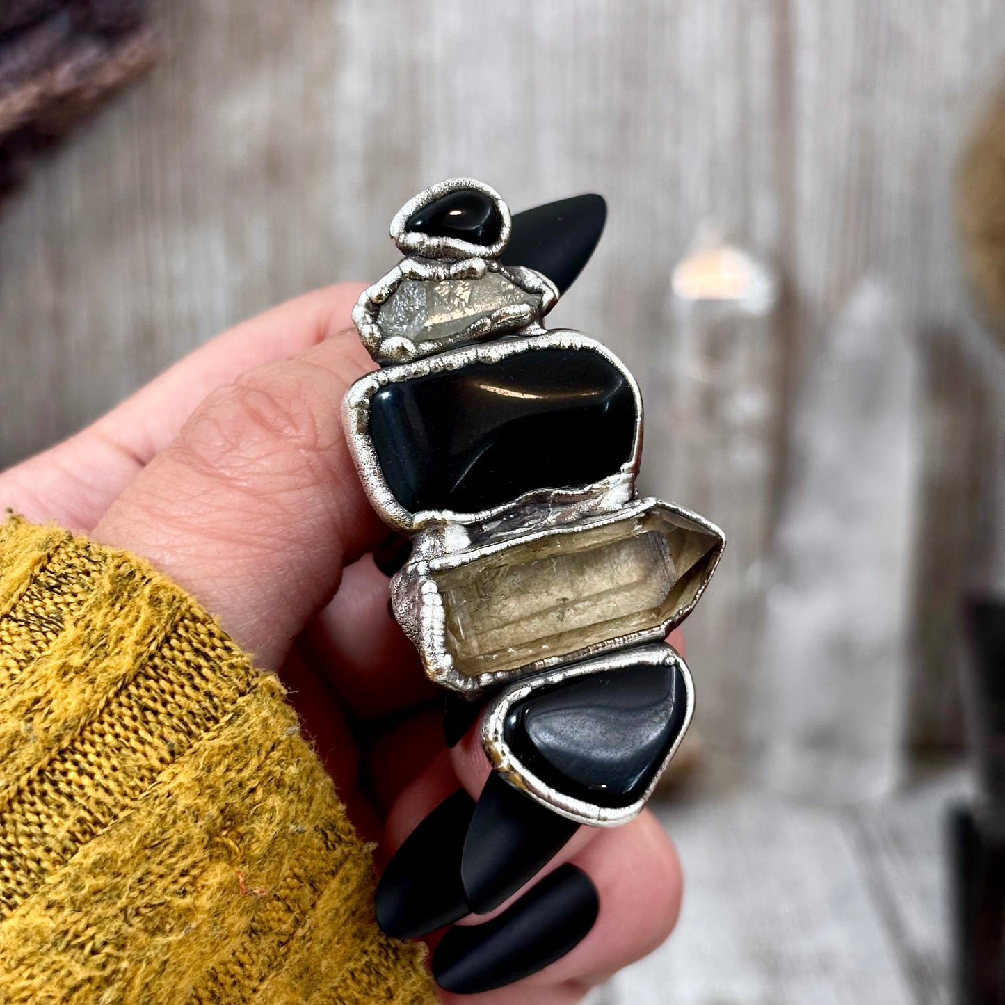Multi Stone Obsidian Smoky Quartz Clear Quartz Ring In Silver Size 9 / Foxlark Collection