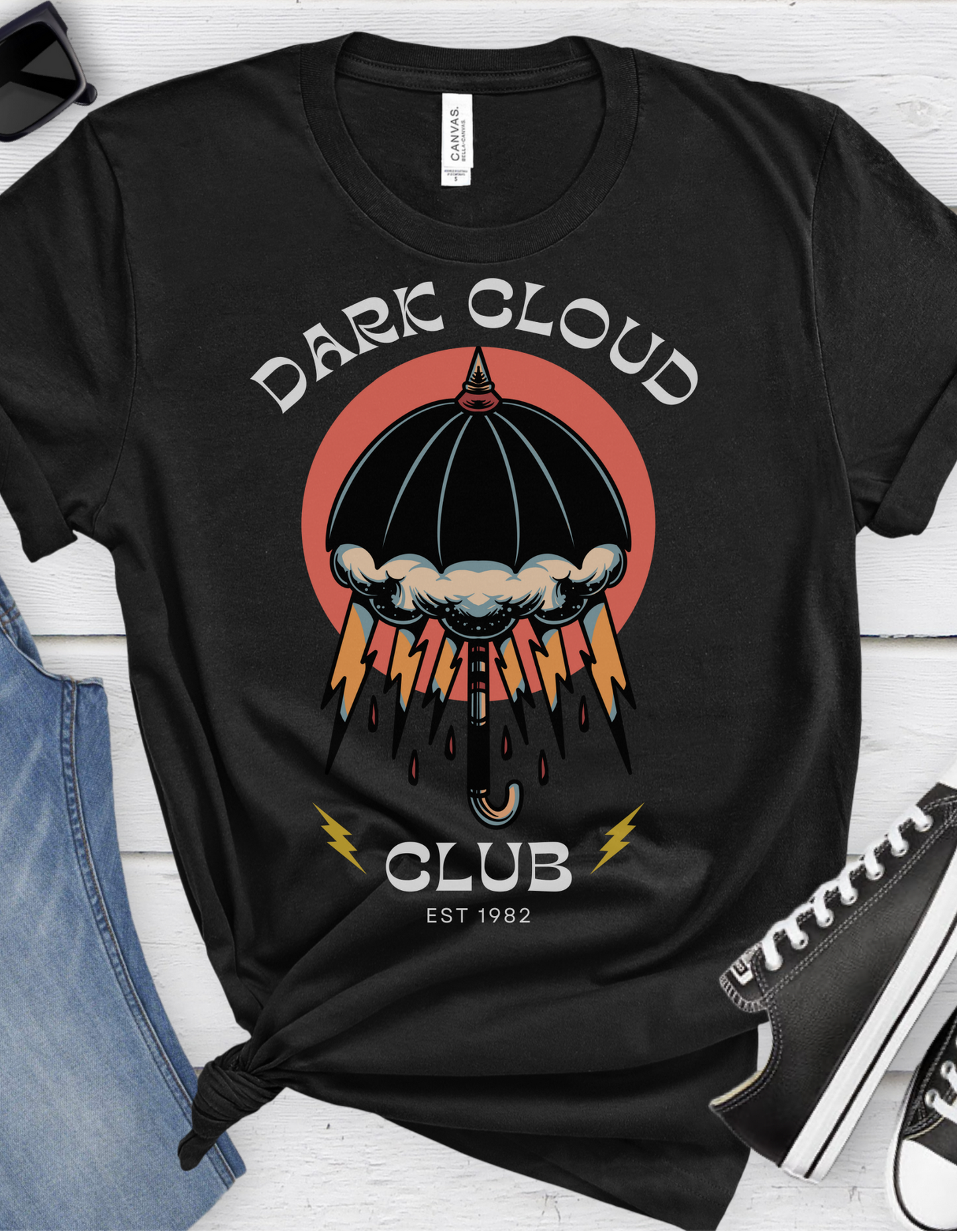 Dark Cloud Club Tattoo T-shirt / Dark Cloud Lightning Eye Unisex Vintage Traditional Tattoo Tee Shirt / Punk Rock Clothing Tshirt - Foxlark Crystal Jewelry