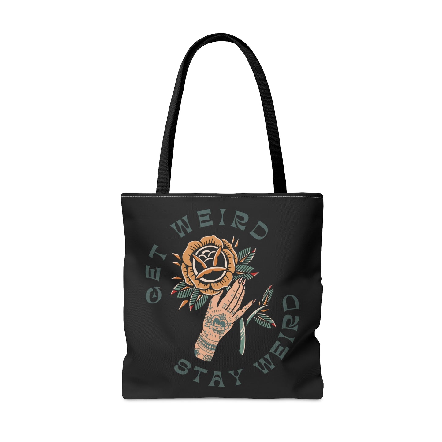Get Weird Stay Weird Tattoo Tote Bag in Black / Vintage American Old School Traditional Tattoo Flash / Punk Rock Beach Shopping - Foxlark Crystal Jewelry