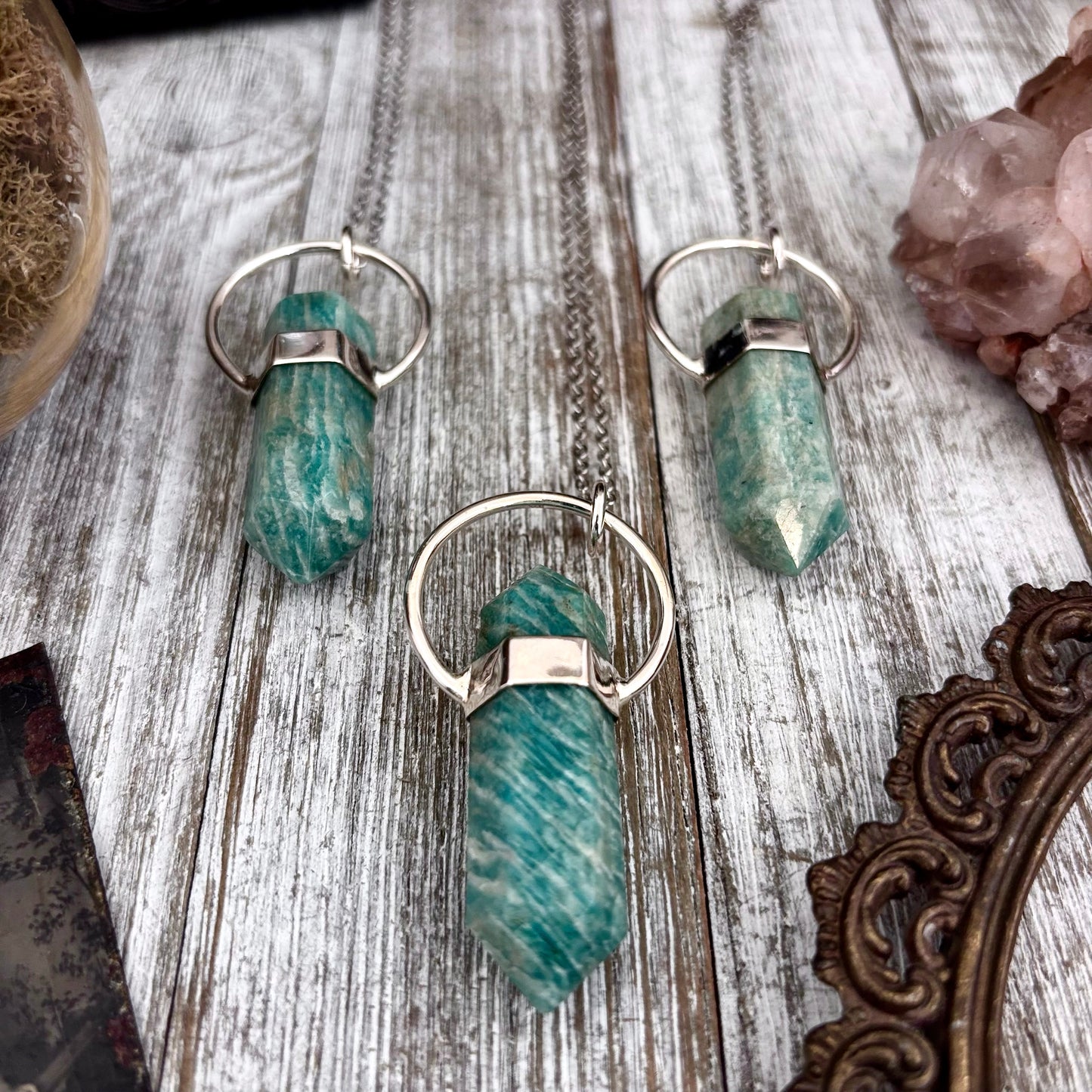 Amazonite Crystal Point Necklace in Sterling Silver, Blue Amazonite Pendant -Designed by FOXLARK Collection