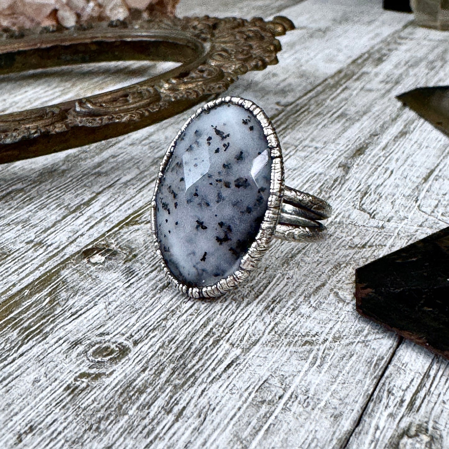 Dendritic Agate crystal ring in fine silver, size 9, from FOXLARK collection featuring a one-of-a-kind design.