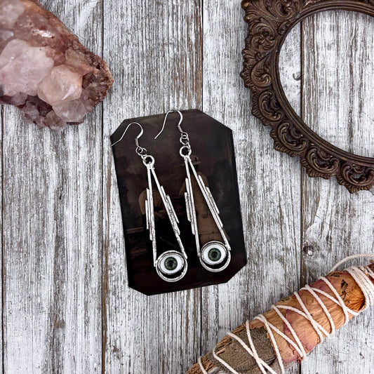 Green Iris Eyeball Fine Silver Earrings / Long Dangle Witchy Earrings