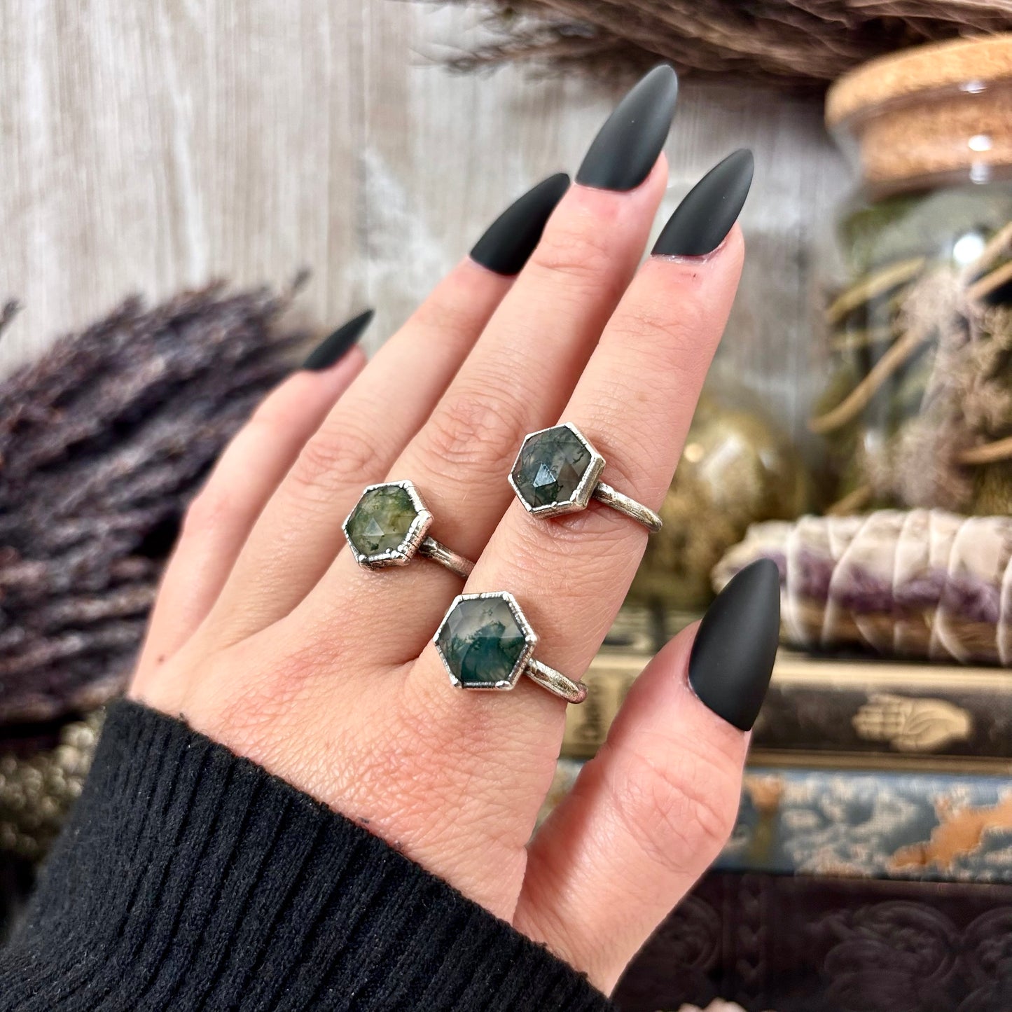 Moss Agate Ring Fine Silver Small Faceted Stone Ring Size 5 6 7 8 9 10 11 / Foxlark Collection