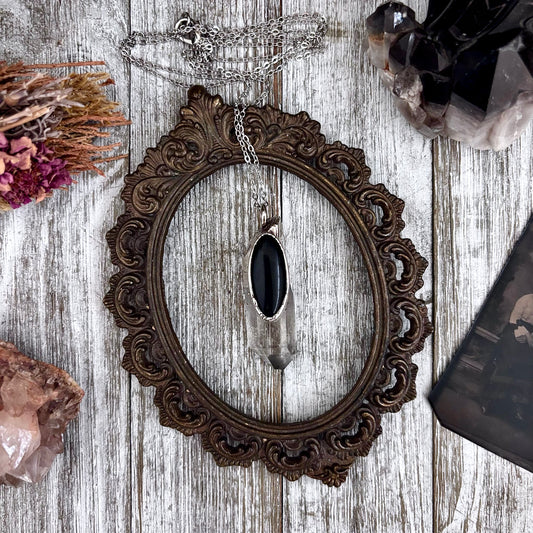 Clear Quartz & Black Onyx Crystal Statement Necklace in Fine Silver / Foxlark Collection - One of a Kind