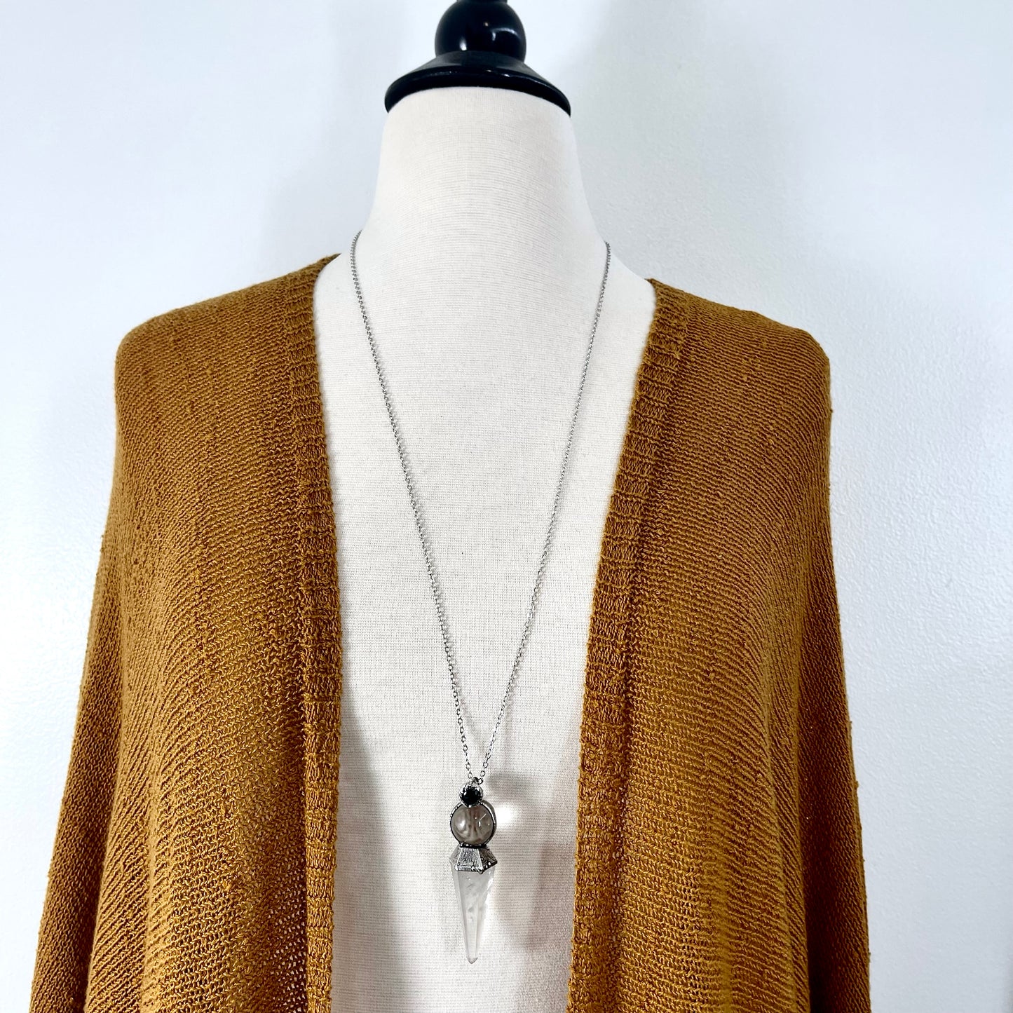 Clear Quartz Sphere Pendulum with Moss Agate Necklace Pendant in Fine Silver / Foxlark Collection