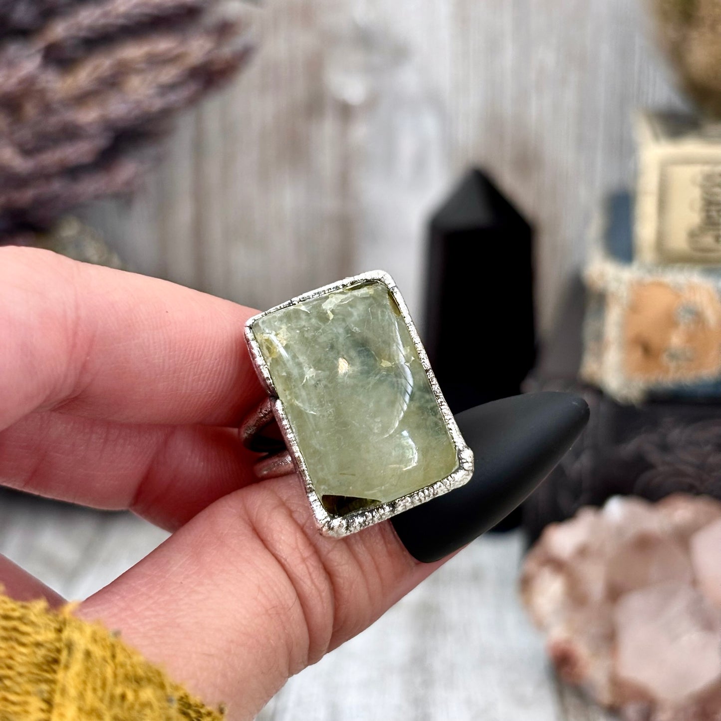 Green Prehnite Ring Fine Silver Stone Ring Size 7.5 / Foxlark Collection- One of a Kind