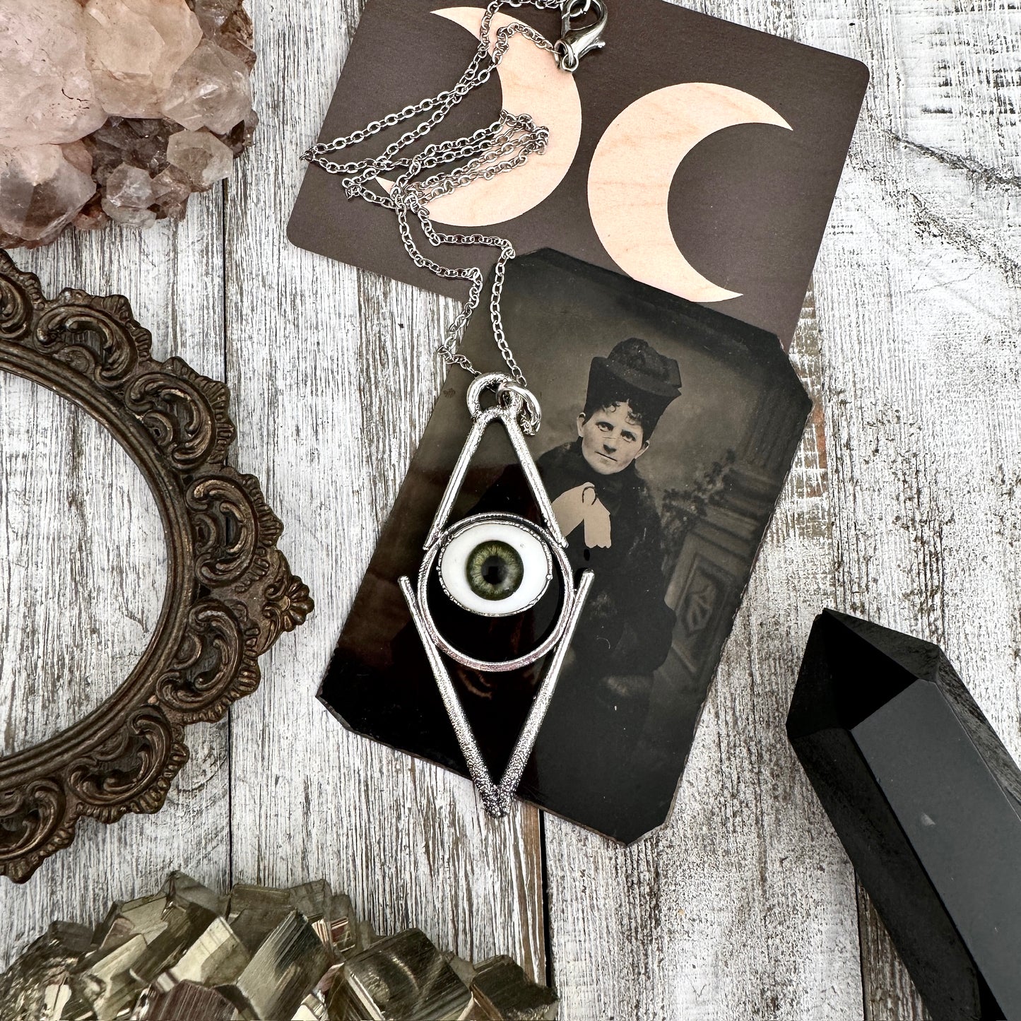 Moss & Moon Collection - Green Iris Glass Eye Necklace set Fine Silver /