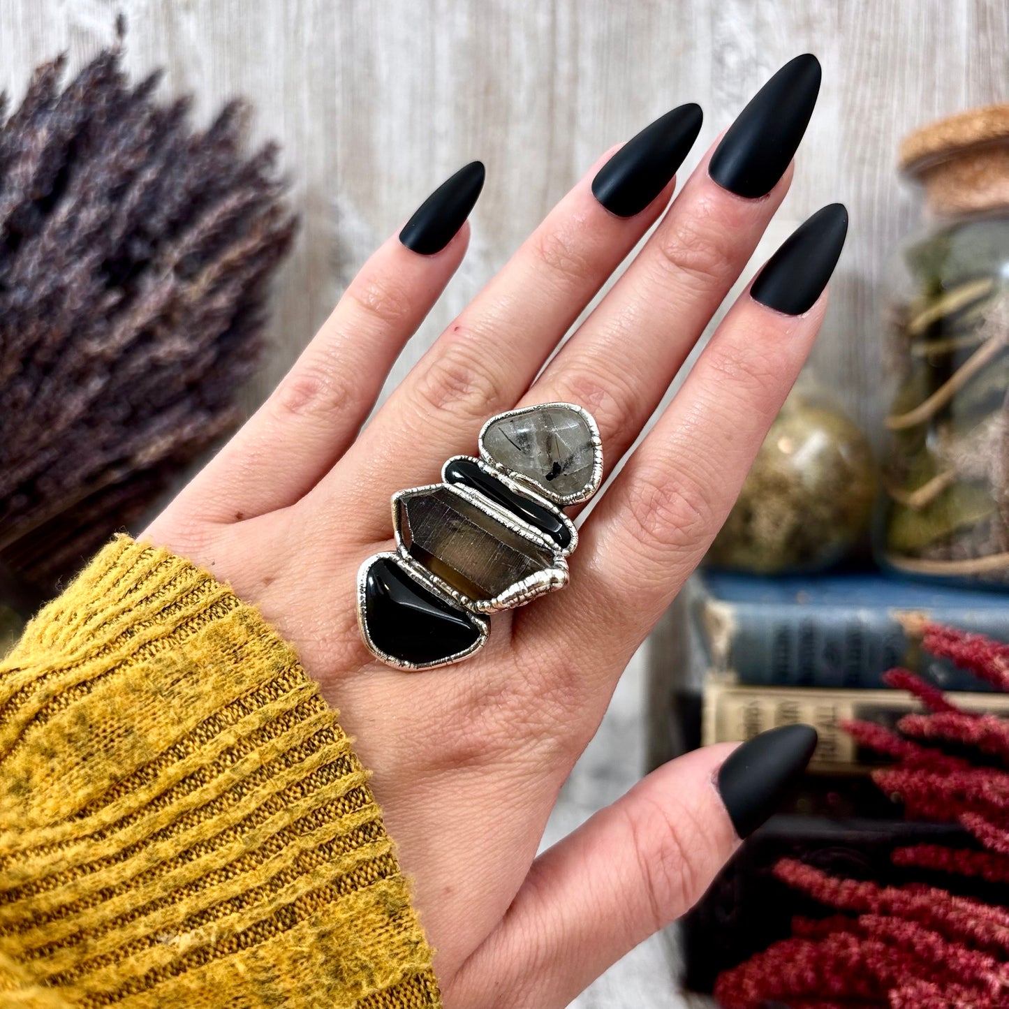 Multi Stone Obsidian Smoky Quartz Tourmaline Quartz Ring In Silver Size 9.5 / Foxlark Collection