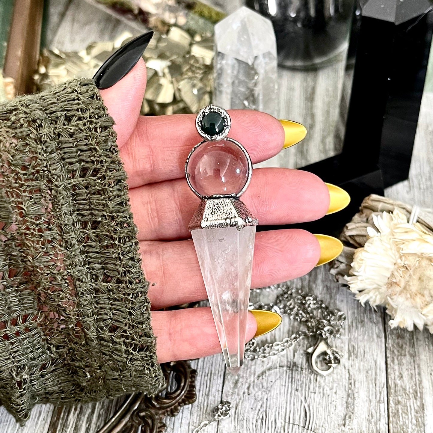 Clear Quartz Sphere Pendulum with Moss Agate Necklace Pendant in Fine Silver / Foxlark Collection