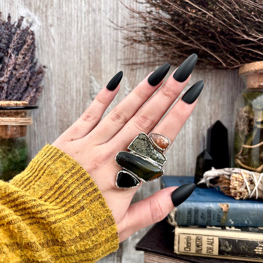 Multi Stone Obsidian Marcasite Blue Tigers Eye Sun Stone Ring In Silver Size 8 / Foxlark Collection