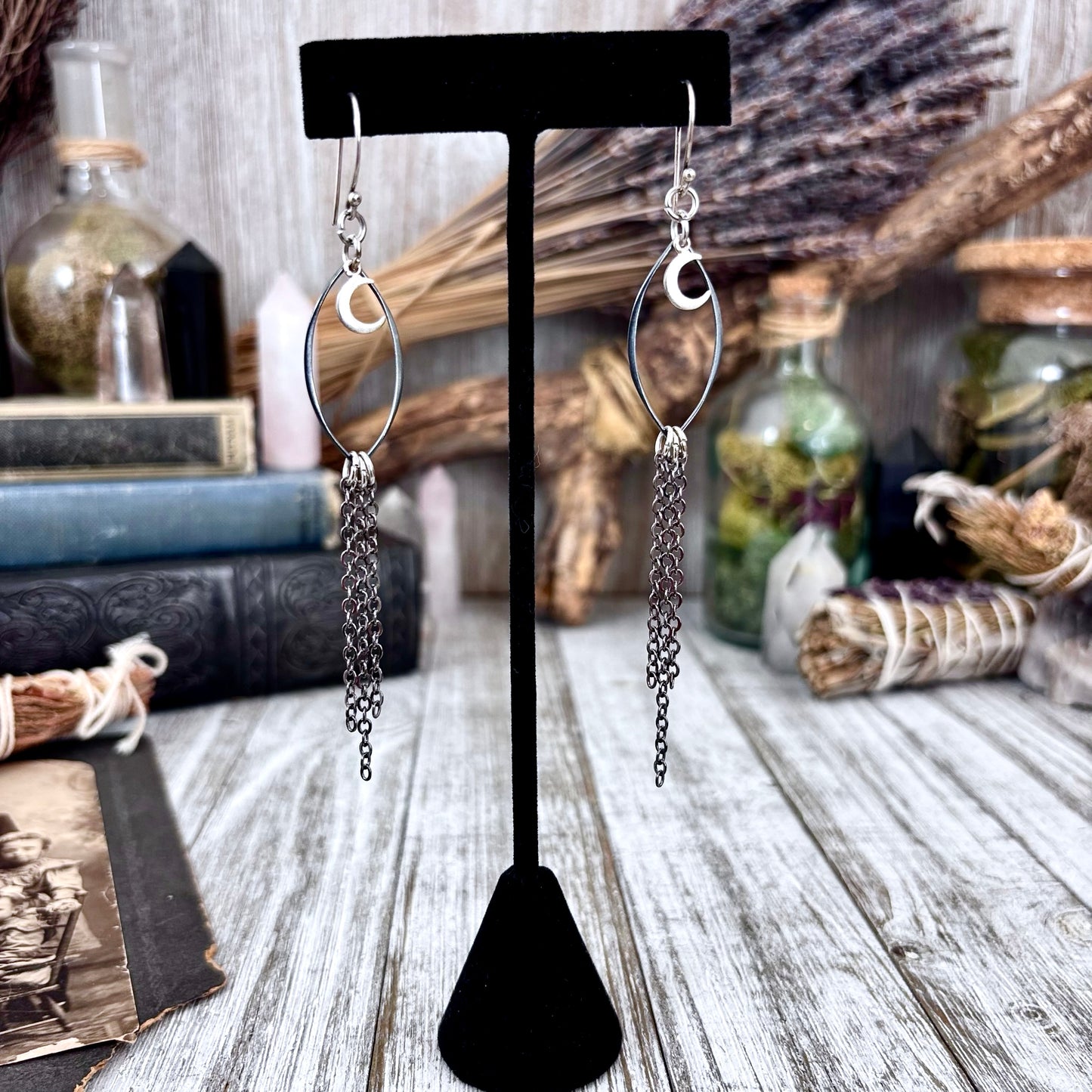 Sterling Silver Moon Hoop Fringe Earrings / Long Dangle Witchy Earrings