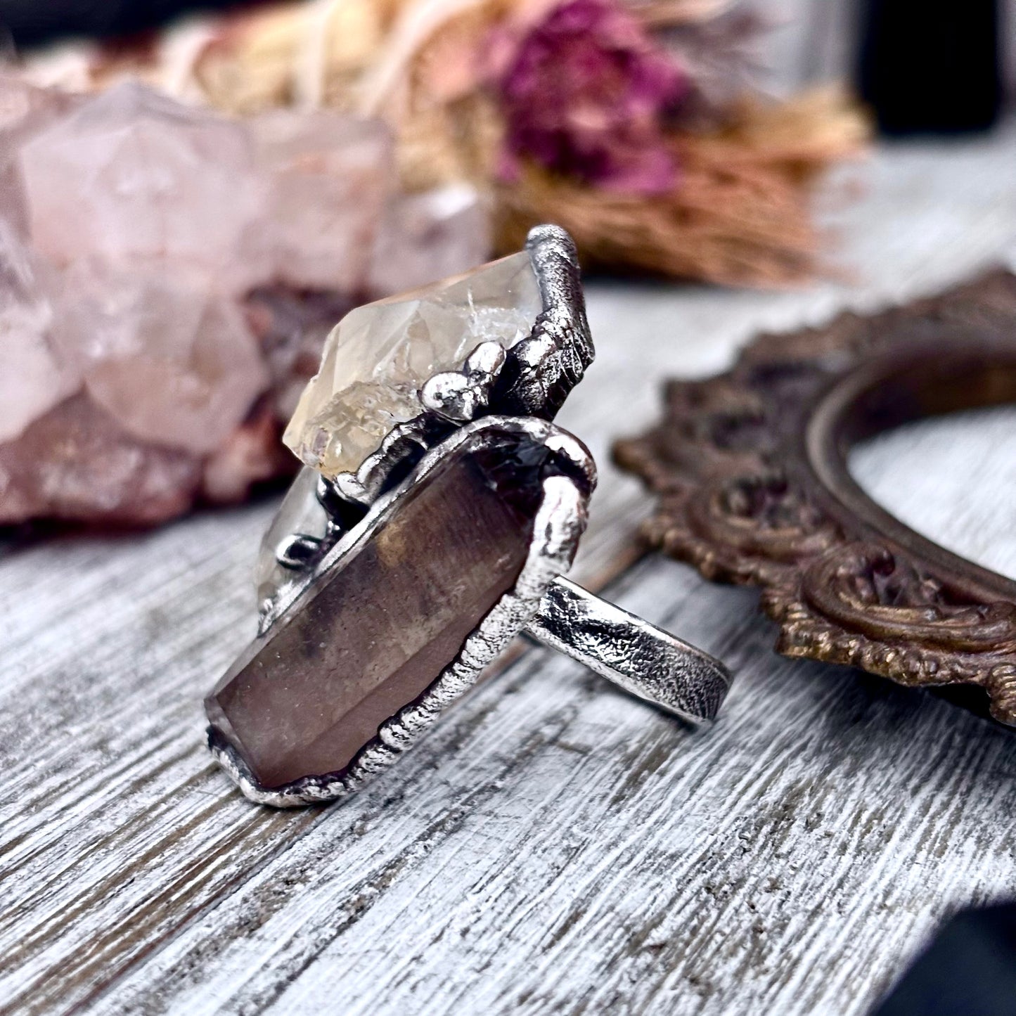 Three Stone Raw Citrine, Clear Quartz, Smoky Quartz Ring In Silver Size 8.5 / Foxlark Collection