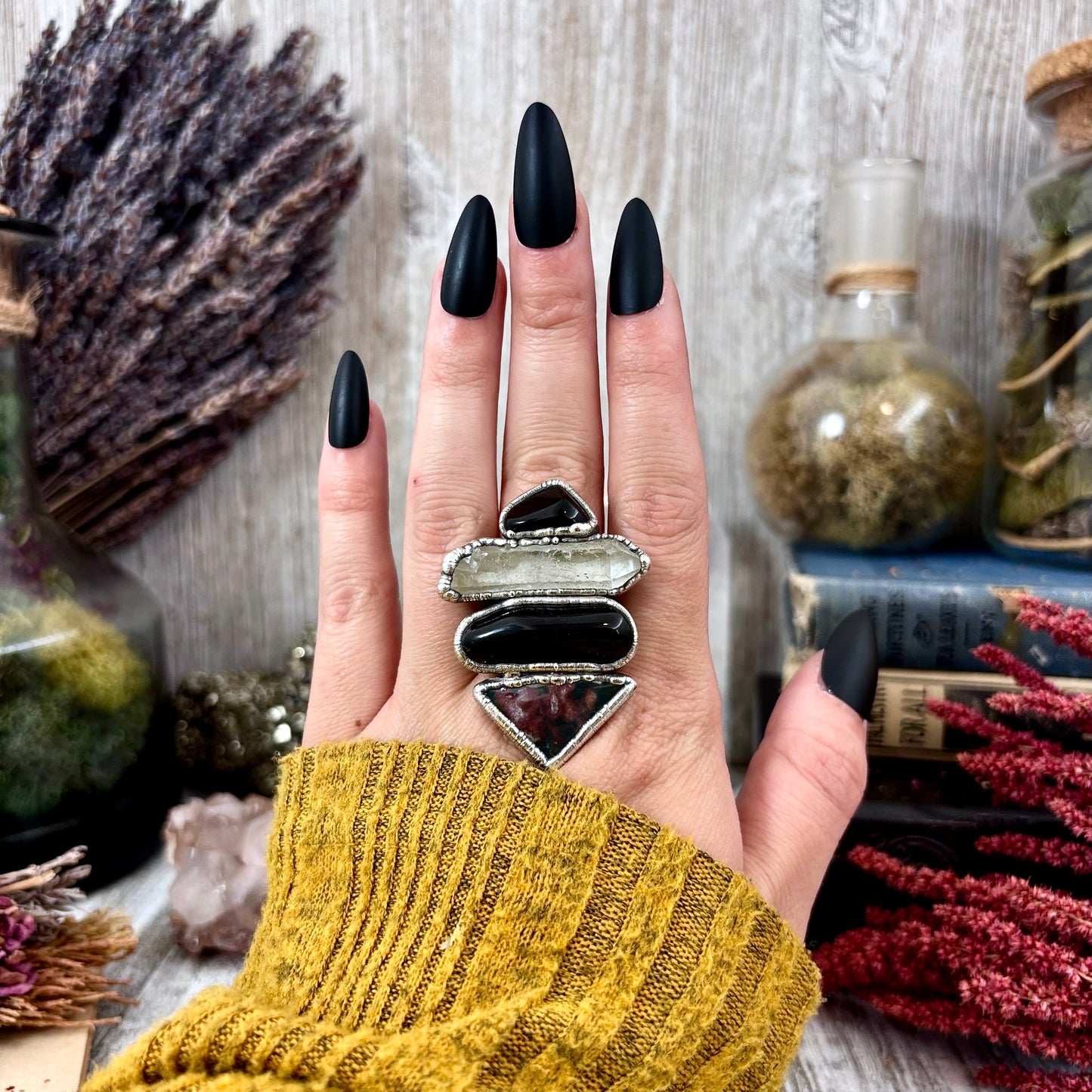 Multi Stone Black Obsidian Clear Quartz Bloodstone Ring In Silver Size 9 / Foxlark Collection