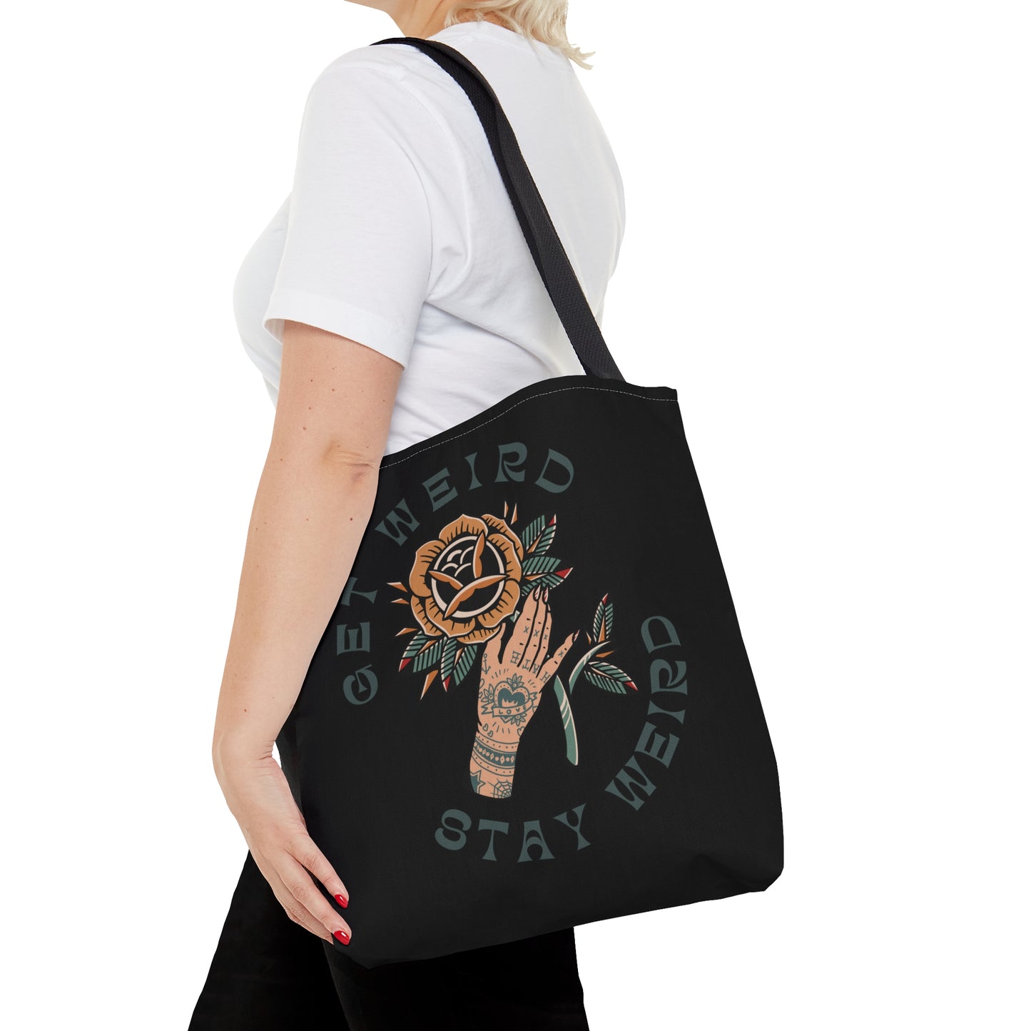 Get Weird Stay Weird Tattoo Tote Bag in Black / Vintage American Old School Traditional Tattoo Flash / Punk Rock Beach Shopping - Foxlark Crystal Jewelry
