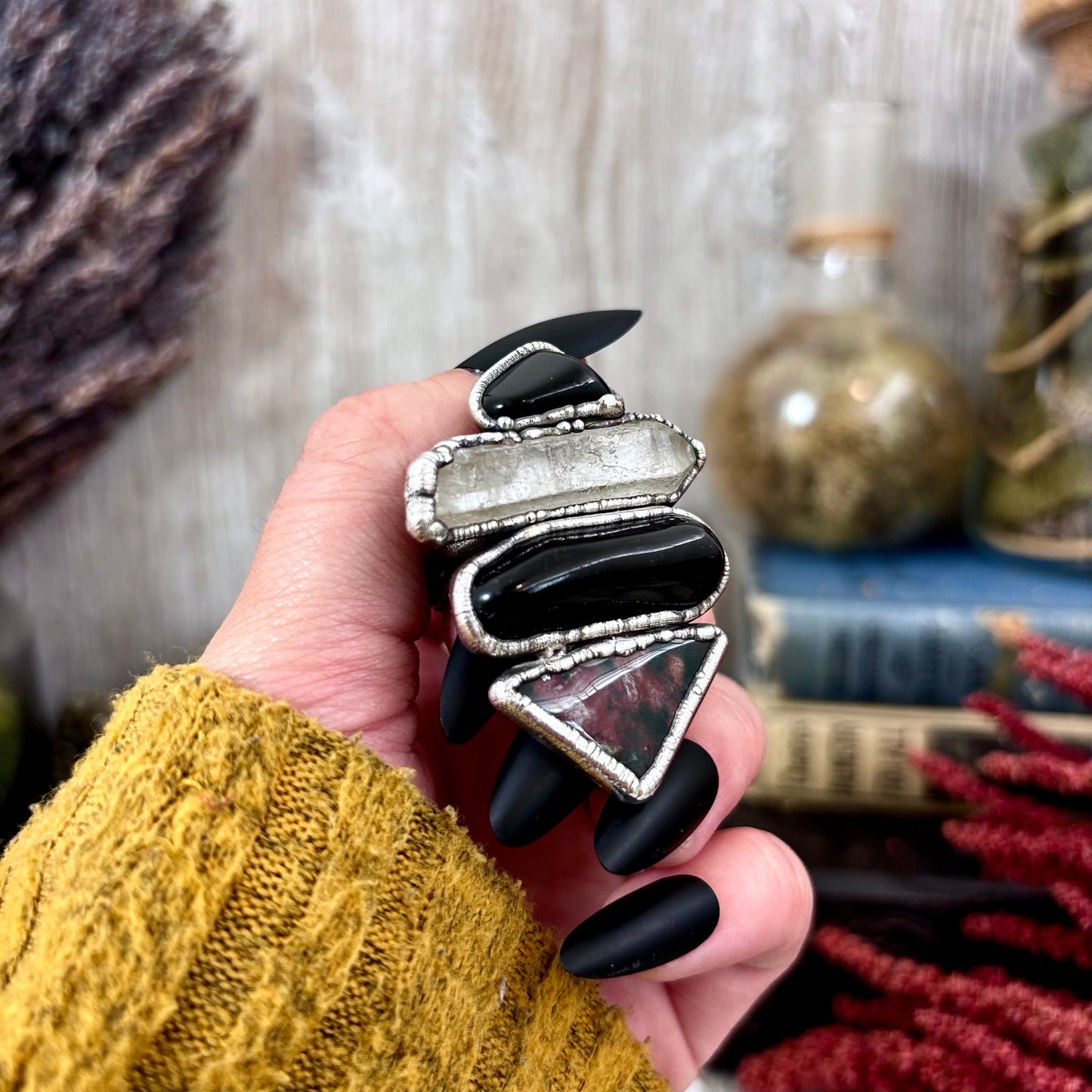 Multi Stone Black Obsidian Clear Quartz Bloodstone Ring In Silver Size 9 / Foxlark Collection